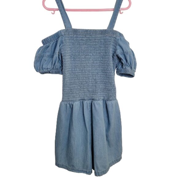 bebe girls Smocked Romper Cold Shoulder Short Sleeve Chambray Blue M 10-12 - Picture 1 of 11